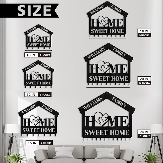 Personalized Key Holder for Wall | Sweet Home Key Holder Wall Mounted | Black Metal Key Hanger Wall Decorative | Housewarming Gifts | Key Rack Organizer for Living Room, Bedroom, Entryway