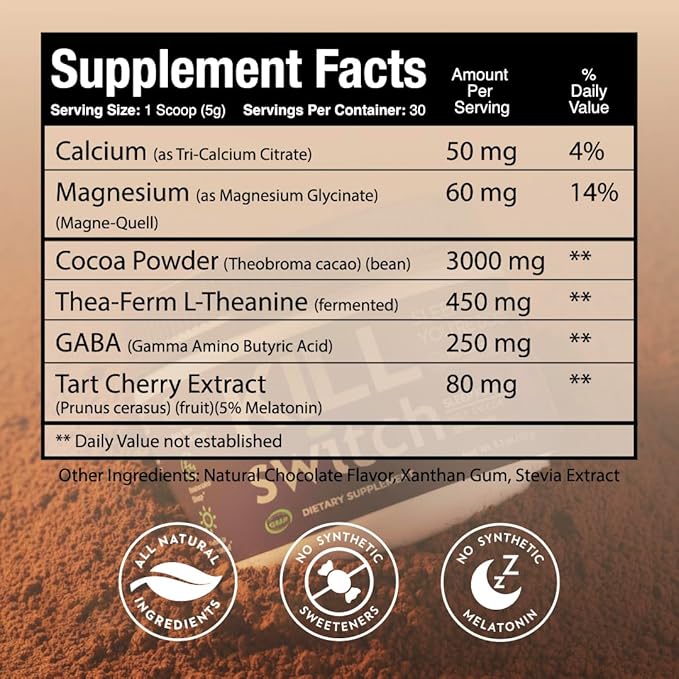 SWITCH Killswitch Sleep Aid for Adults – Fall Asleep Fast & Wake Refreshed, Sugar-Free Hot Chocolate Supplement - Magnesium, Tart Cherry, L-Theanine & More for Restful Sleep, 30 Servings, Made in USA