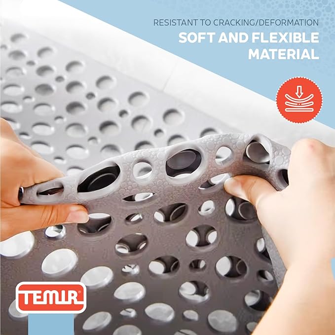 TEMIR Bathtub Mat Non Slip and Shower Mat with Suction Cups and Drain Holes, 30x17 in (75x43 cm), Soft Machine Washable Non Slip Bath Mat, Shower Mats for Inside Shower, Easy Dry&Cut (Gray)