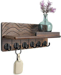Key Holder Wall Decor-11.8" Solid Ash Wood Entryway Organizer with 6 Hooks & Extra Deep Storage Rack for Key, Mail, Wallet, Leash, Glasses, Hand-Polished & Stained, Easy-Assembly
