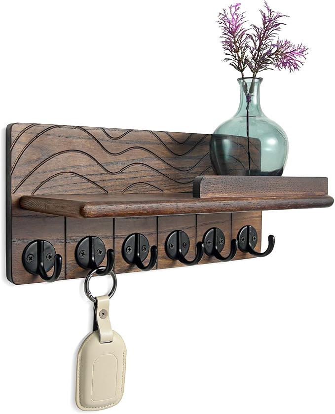 Key Holder Wall Decor-11.8" Solid Ash Wood Entryway Organizer with 6 Hooks & Extra Deep Storage Rack for Key, Mail, Wallet, Leash, Glasses, Hand-Polished & Stained, Easy-Assembly