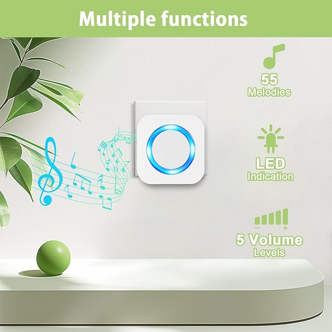 SURFOU Wireless Doorbell,Waterproof Doorbell 2 Push Buttons 2 Plug in Receivers at 1300ft Long Range Door Bell with 55 Chimes 5 Volume Levels Mute Mode LED Flash Wireless Door Bells for Home Classroom