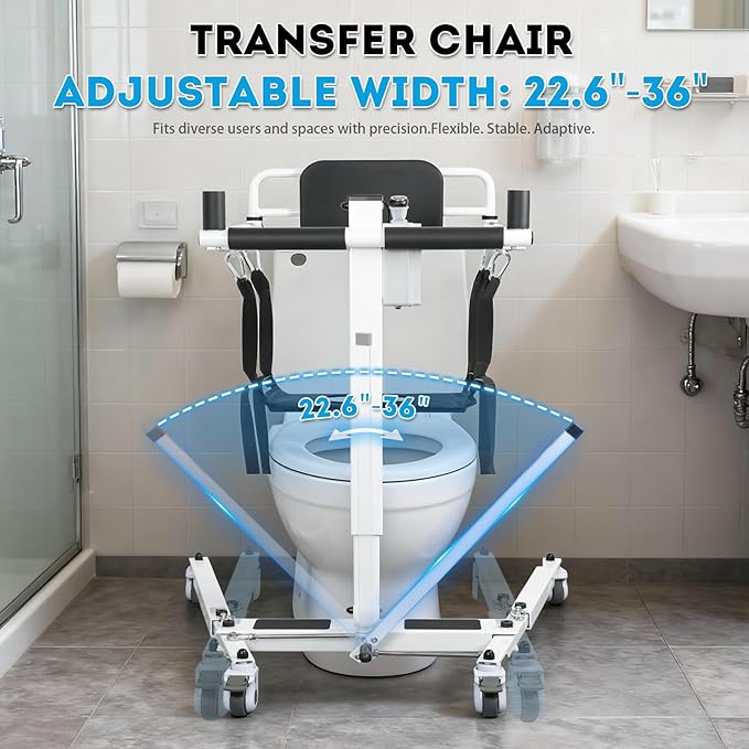 Drexo Patient Lift Transfer Chair, 5 in 1 Patient Lift Chair with 180°Split Seat, Height Adjustable Patient Transfer Chair with 4 Casters for Home Seniors Elderly, Load 450Lbs (Electric, Silver)