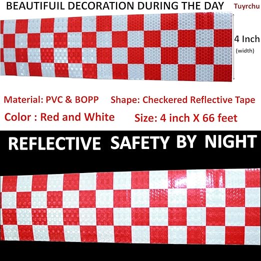 Reflective Tape Red and White 4 inch X 66 feet, Outdoor Waterproof Hazard Conspicuity Warning Industrial Marking Tape