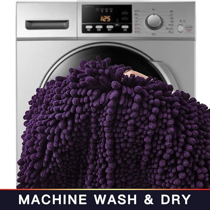 Walensee Bathroom Rug 2 Pieces Set Non Slip Bath Mat (17x24 Plus 20x32 Inch Dark Purple) Water Absorbent Super Soft Shaggy Chenille Machine Washable Dry Extra Thick Perfect Carpet for Shower Floor