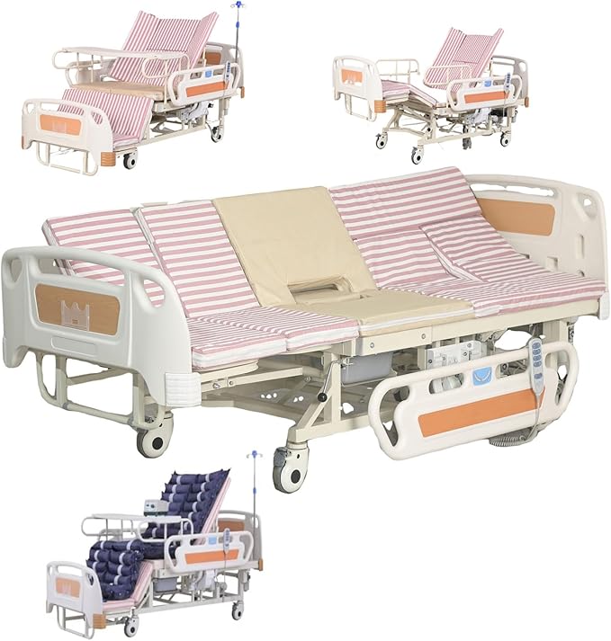 10 Function Electric Medical Beds with Lateral Tilting, Full Electric Hospital Beds for Home use with Air Cushion, IV Pole, Quiet Wheels, Up to 530 LBS