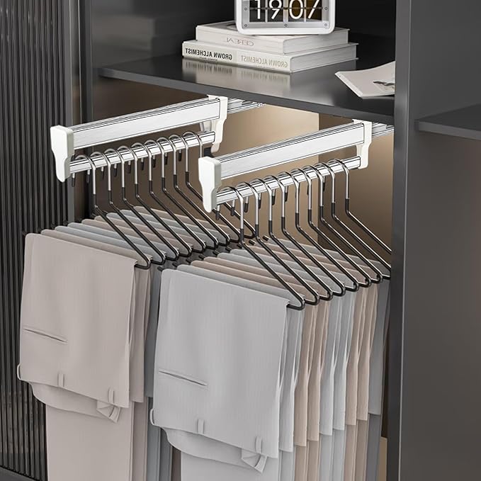 Pull Out Clothes Hanger Rod Adjustable Wardrobe Clothing Rail Hanger Rack Bar for Pants Clothes tainless Steel (497mm/19.6inch)