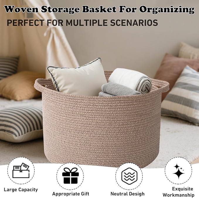 Large Storage Basket with Handle,19.7" L x 19.7" W x 13" H Blanket Basket Storage Bins for Organizing,65L Cotton Rope Woven Baskets for Living Room, Nursery ,Bedroom,Brown