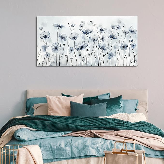 VEAEE Framed Flowers Canvas Wall Art - Indigo Floral Canvas Pictures, Living Room Wall Decor, Botanical Canvas Prints Painting Abstract Artwork Bedroom Office Home Decor 24"x 48"