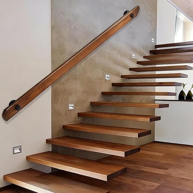 Wood Handrails, Indoor Non-Slip Staircase Handrail,Retro Rustic Wall Mount Railings Handrails, Home Loft Corridor Support Rod,Industrial Pipe Support, Easy to Install (Dark Wood, 4FT)