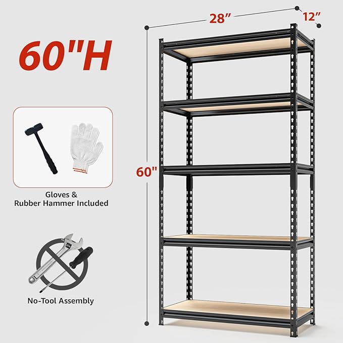 60" H x28 W x12 D: Father&I 5-Shelf-Storage-Rack Metal+Wood Garage/Kitchen Pantry Shelves Steel Utility Stand Shelving Unit Adjustable Heavy-Duty Shed Closet/Attic/Laundry Organizer, Black