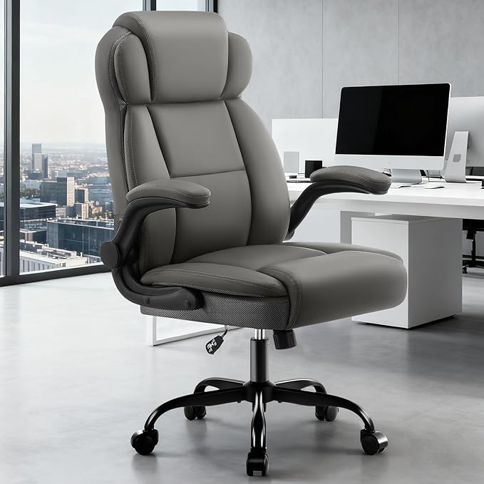 Ergonomic Office Chair with High Back Headrest, PU Leather Executive Desk Chair - Padded Flip-Up Armrests, Lumbar Support, Swivel Computer Chair for Home Office & Gaming, Gray
