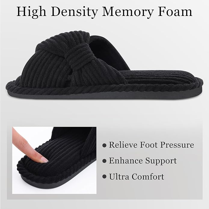 Evshine Fall House Slippers for Women Corduroy Cross Bow Indoor Slippers Open Toe Slip On Bedroom Shoes with Memory Foam