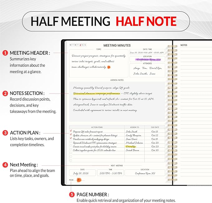 SUNEE Half Meeting Half Note 8.5"x11" Notebook for Work – 140 Pages, A4 Size Project Planner for Women&Men, Minutes Organizer for Meeting Notes, Ideas for Office/Business, PVC Waterproof Cover, Black