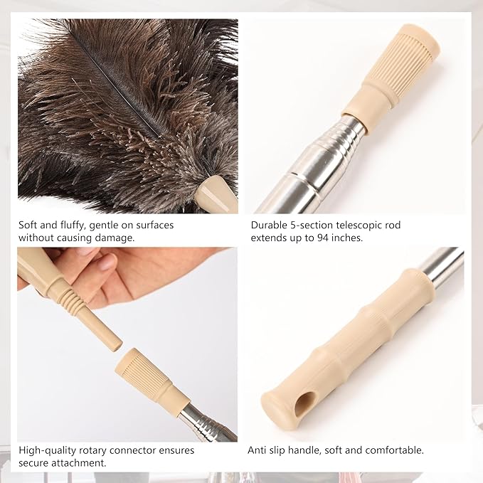 Extendable Ostrich Feather Duster 27-94 Inch, Natural Cleaning Duster Extension Pole Reusable for High Ceilings, Fans, Blinds, Furniture, Interior & Roof Dusting(Two Pack)