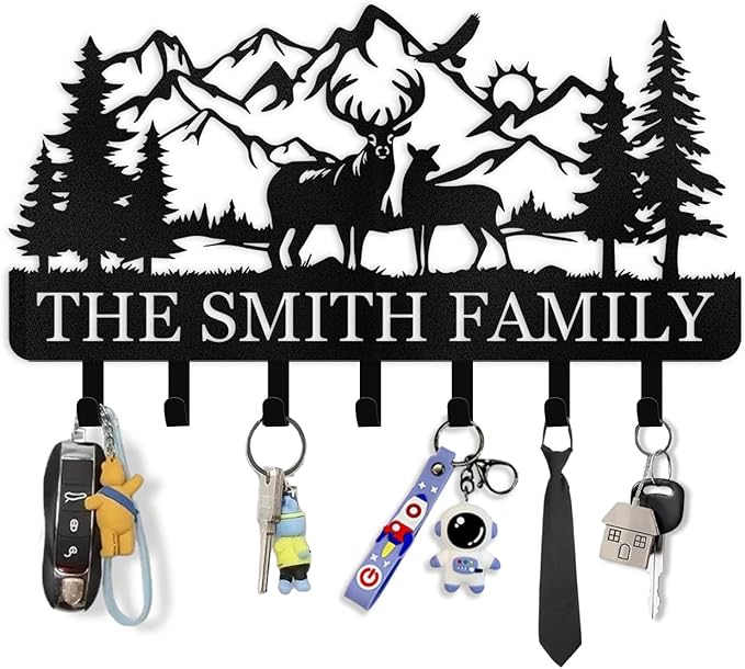 Personalized Key Holder for Wall - Custom Name Forest Deer Coat Rack Mount With Hooks, Metal Key Holder Decor, Key Hanger for Bedroom Kitchen Office