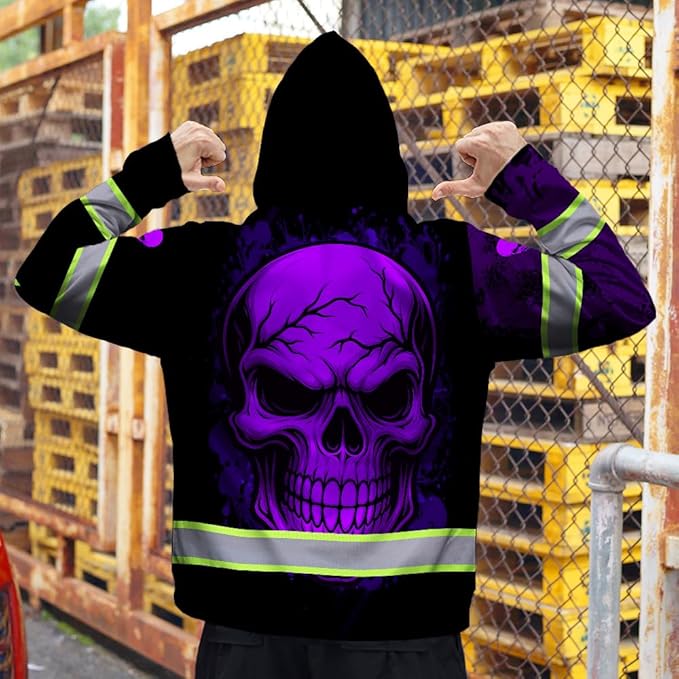 Matedecor Skull US Flag Reflective High Visibility Hoodie For Men Construction Hi Vis Safety Workwear Custom Name