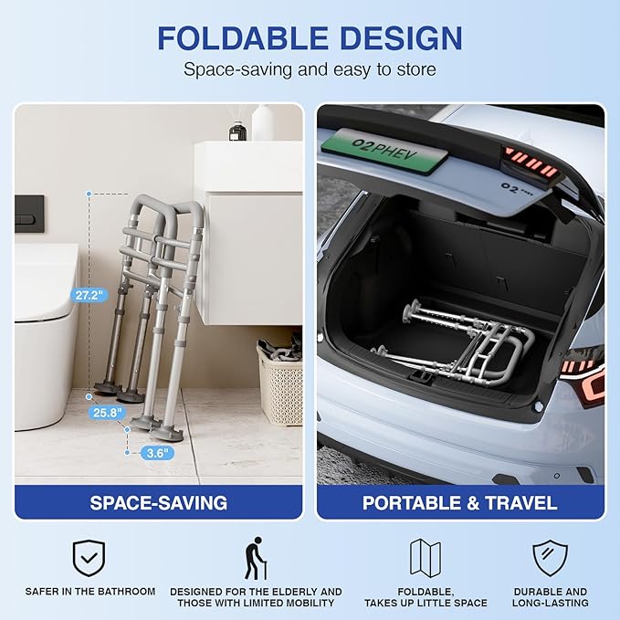 Foldable Toilet Safety Rails for Seniors - Adjustable Toilet Safety Frame & Toilet Handles for Elderly & Disabled, Fits Most Toilets, 350lb Capacity, Gray
