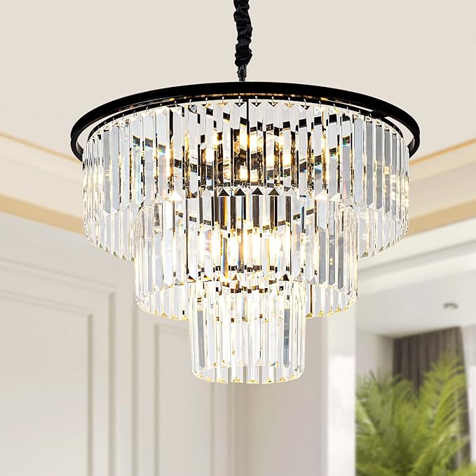 12 Lights 23.64" Black Modern Crystal Chandelier Crystal Pendant Ceiling Light Fixture 3-Tier Hanging Lighting for Dinning Room Bedroom Living Room Foyer