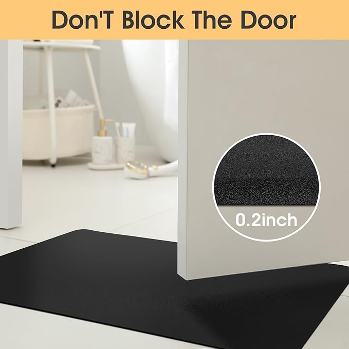 Ultra Thin Bath Mat, Upgrade Backing Non Slip Thin Bath Mats Fit Under Door, Quick Dry Ultra Absorbent Bathroom Rugs, Machine Washable Bath Rugs for Bathroom, Bathtub & Kitchen, Black/Solid/24"x17"