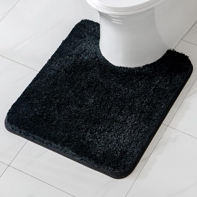 MIULEE Microfiber Toilet Bath Mat U-Shaped Contour Shaggy Bathroom Rugs Non Slip Extra Thick Soft Bath Rug Absorbent Water for Bathroom Commode Machine Washable(20x24 Inch, Black)