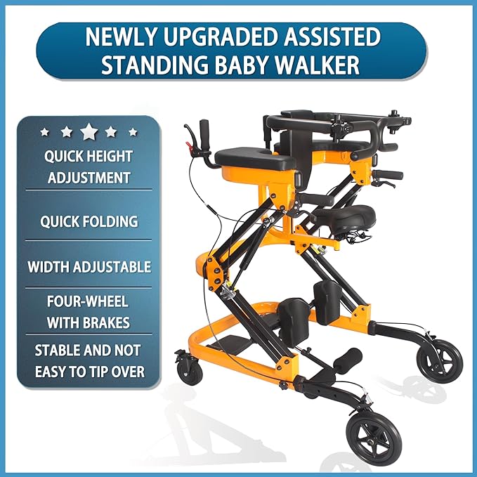 Rehabilitation Walker with Stand-Up Support, Height Adjustable 23-51 in Hemi Walker, 330 lbs Capacity, 4-Wheel Mobility Aid for Adults (Yellow)