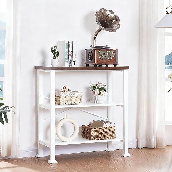 HOMBAZAAR 3 Tier Bookshelf,White Brown Industrial Book Shelf,Engineered Wood and Metal Deep Bookcases,Low Shelf Bookcase for Living Room,Office,Bedroom and Kitchen