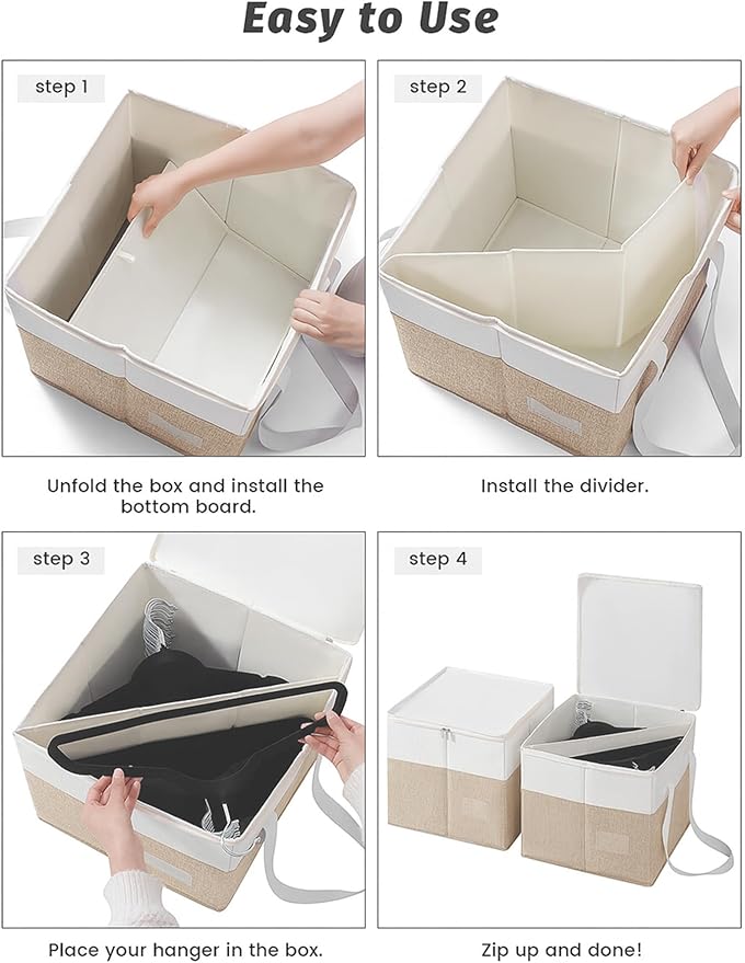 2-Pack Rigid Clothes Hanger Organizer Bag with Dust-Proof Lid, Hanger Storage Holder with Support Boards, Large Capacity Clothes Storage Containers with Handle for Laundry-Beige/Linen