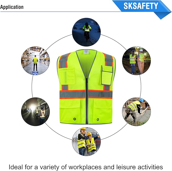 SKSAFETY 10 Pockets Safety Vest, Class 2 High Visibility Security with Zipper Double-sided mesh, Hi Vis Vest with Reflective Strips, ANSI/ISEA Standard, Construction Work Vest （Lime, XL）