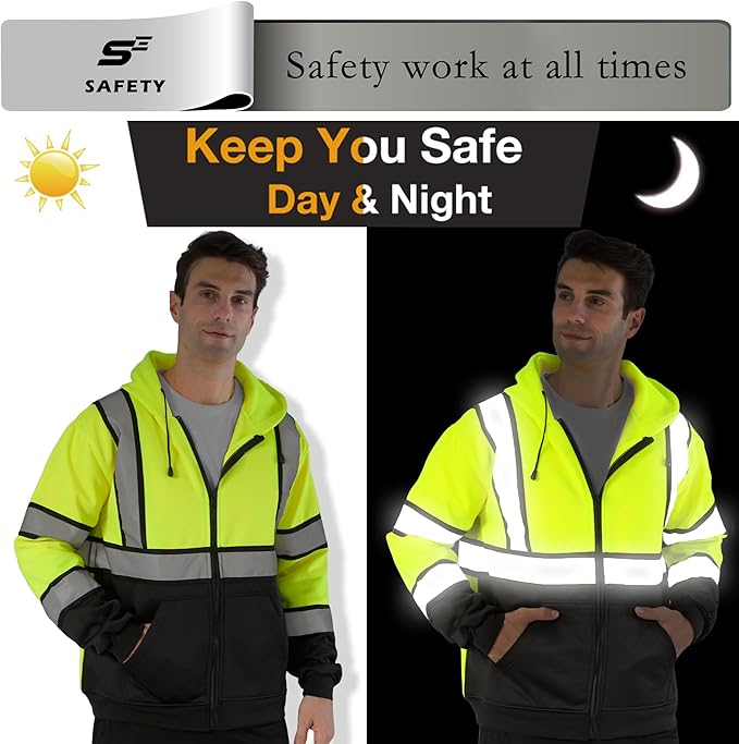 sesafety Hi-Vis Zipper Hoodie, Class 3 Reflective Safety Sweatshirt with Black Bottom, High visibility Jacket for Men