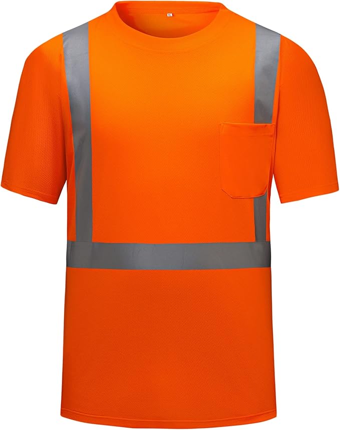 High Visibility Shirts Quick Dry Safety T Shirts with Reflective Strips and Pocket Short Sleeve Mesh Hi Vis Construction Work Class 2 Shirt for Men/Women Orange,5XL