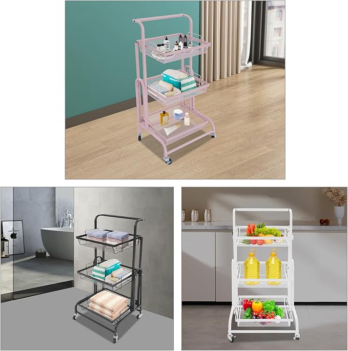 3 Tier Rolling Utility Cart with Wheels, Metal Rolling Foldable Storage Shelves, Adjustable Tilt Angle Storage Organizer for Living Rooms, Kitchens, Bathrooms (Black)