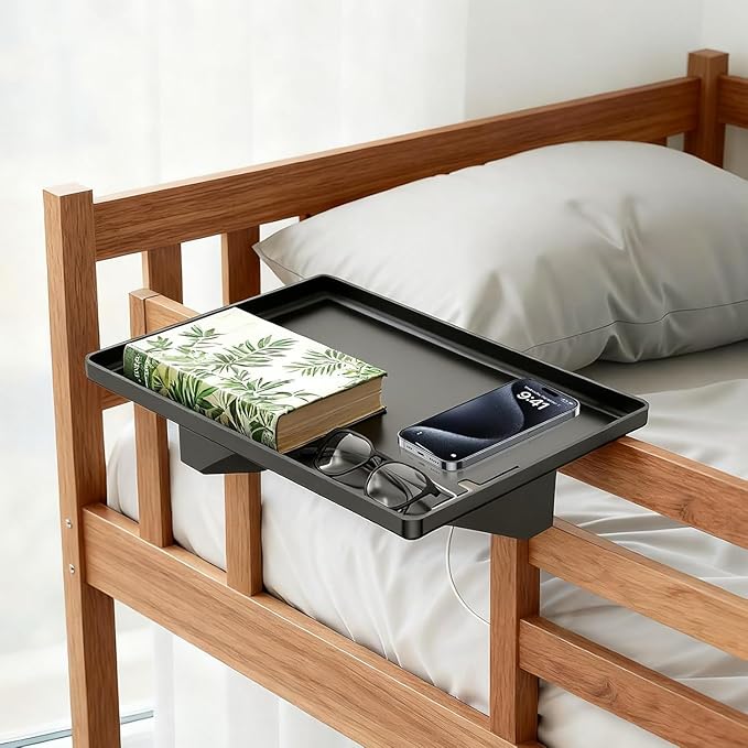 Bedside Shelf for Dorm Room, Metal Bunk Bed Table Shelf with Cord Hole for Top Bunk, College Dorm Room Essentials, Clip on Nightstand Tray Organizer for Bunk Loft Dorm Bed (Black)