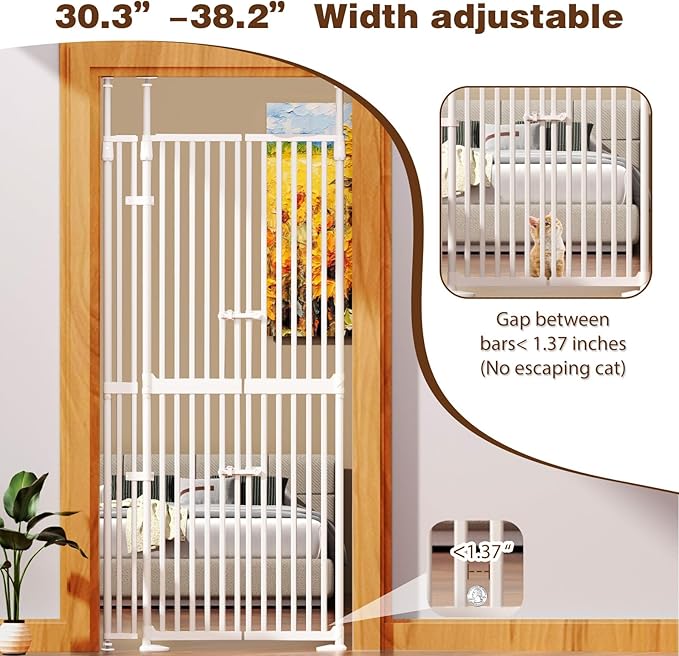 74.8"-90.5" Extra Tall Cat Gate for Doorway, Auto‑Close, No‑Drill Pressure‑Mount with 3 Support Pillars & Double‑Door, Fits 30.3–38.2″ Openings, 1.37″ Narrow Gap, Extension Kit Included, White