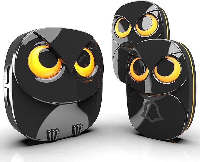 Wireless Doorbell, Cute Owl Doorbell Weatherproof IP55 Outdoor Remote Push Button- 1000 feet Long Wireless Range- 35 Classic Melodies Optional, 5 Volume Levels & LED Flash-1 Receiver+2 Transmitters