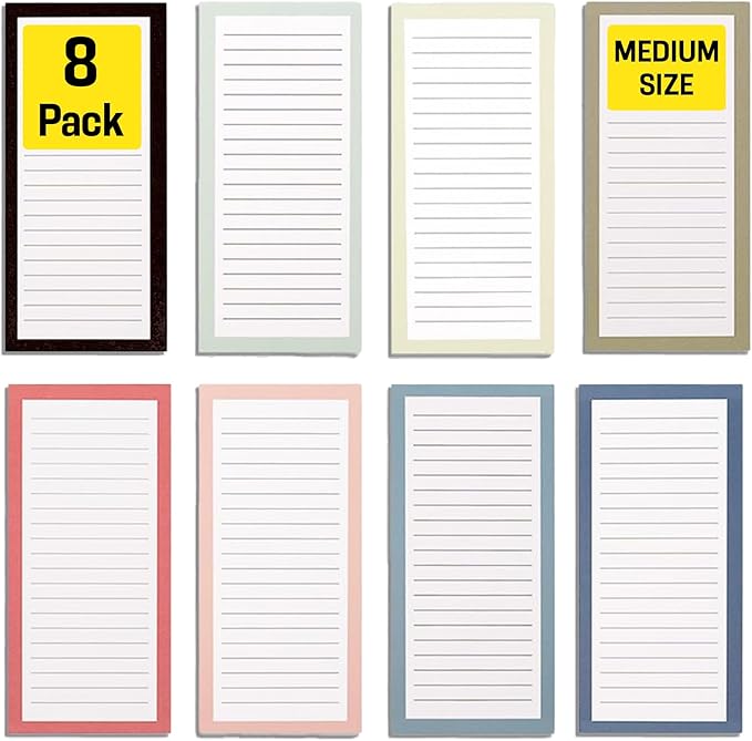 Magnetic Notepads – Notepads for Grocery List, Shopping List, To-Do List, Reminders -Strong Magnetic Back- Memo Notepad | 8 pack Medium | Solid Pattern Style