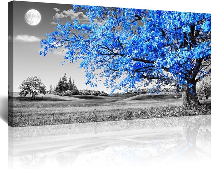 Lapremoly Canvas Prints Wall Art For Living Room Large Wall Decor For Bedroom Blue Tree Landscape Abstract Painting Office Wall Decoration Black and White Picture Modern Ready To Hang Home Wall Art