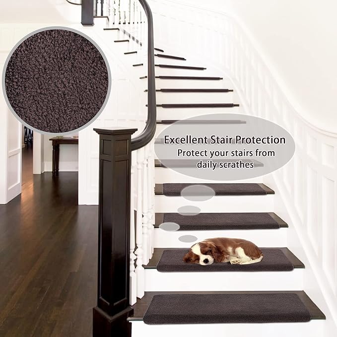 PURE ERA Carpet Stair Treads Ultra Plush 9.5" X 30"Soft Bullnose Indoor Stair Protectors Pet-Friendly Non-Slip Skid Resistant Tape Free Washable Reusable(7 Pieces,Dark Brown)
