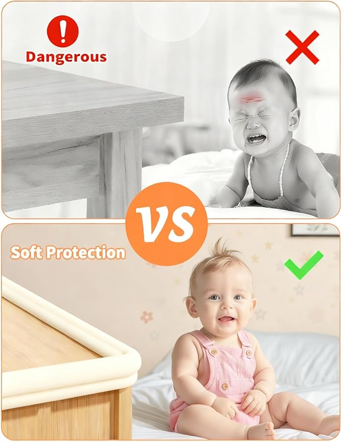 Edge Protector for Baby Proofing, 6.6FT 0.67’’Th L-Shape Air Buffering Soft NBR Rubber Foam Furniture Edge Bumper Guards with 6 Corners, Pre-Taped, Thick Table Bumper Guard for Babies (Beige)