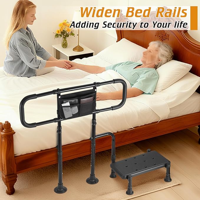 Bed Rails for Elderly Adults Safety, Step Stool with Handle for Ederly - Extended Bed Assist Rail for Seniors with Storage Bag - Adjustable Bed Side Rails Foot Stool, Fits Twin Full Queen King