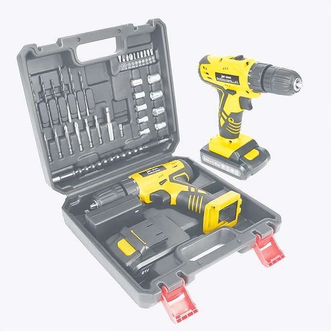 Jar-Owl 21V Cordless Drill Set, 0-1350RMP Variable Speed,350 in-lb Torque,10MM 3/8'' Keyless Chuck, 18+1 Clutch, 1.5Ah Li-Ion Battery & Charger for Home Tool Kit - Black & Yellow