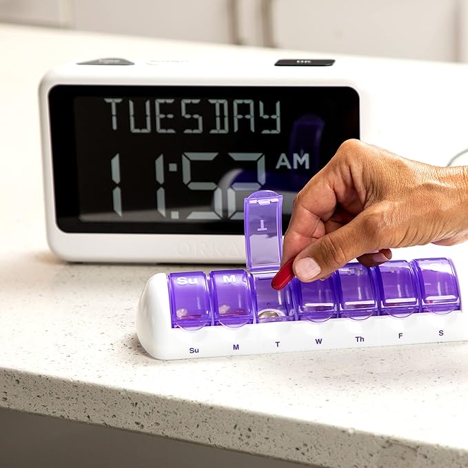 ORKA Talking Clock. Voice Recordable Ex Large Medication Pill Reminder. Talking Alarm Clock for Dementia, Hearing, Visually impaired Seniors-Digital Day Clock with Multiple Customized Alarms White