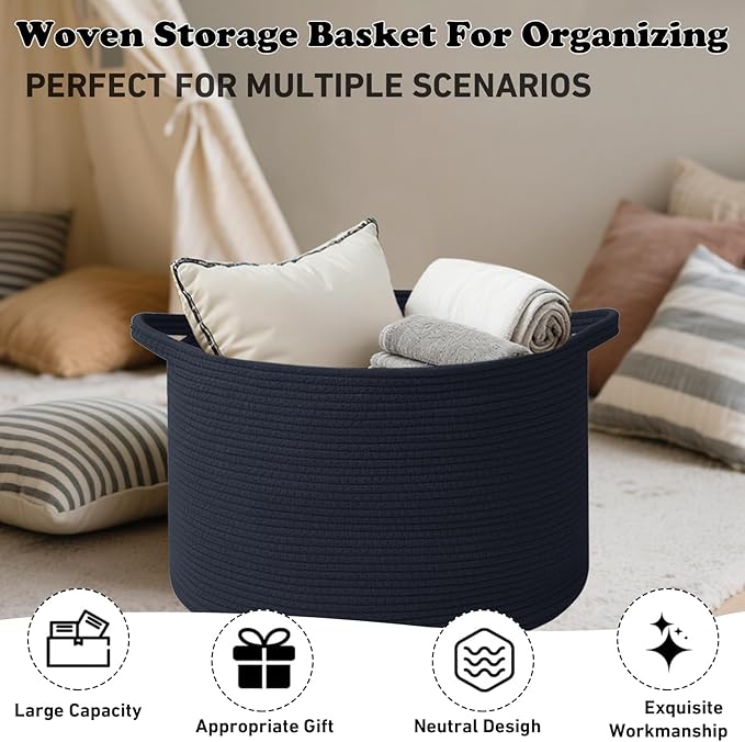 Large Storage Basket with Handle,19.7" L x 19.7" W x 13" H Blanket Basket Storage Bins for Organizing,65L Cotton Rope Woven Baskets for Living Room, Nursery ,Bedroom,Navy