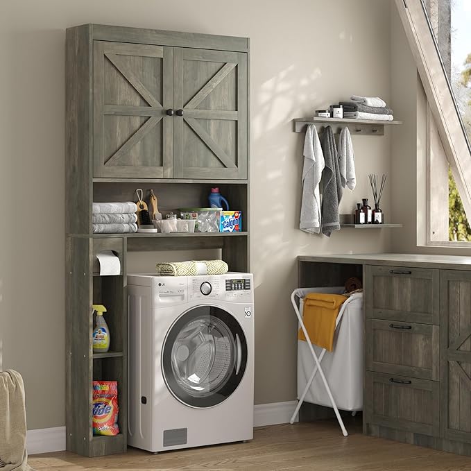 Furnideco 32.3''W Over The Toilet Storage Cabinet with Barn Doors, Over Toilet Shelf Farmhouse Storage Cabinet Space Saver with Toilet Paper Holder & Adjustable Bottom Bar, Gray