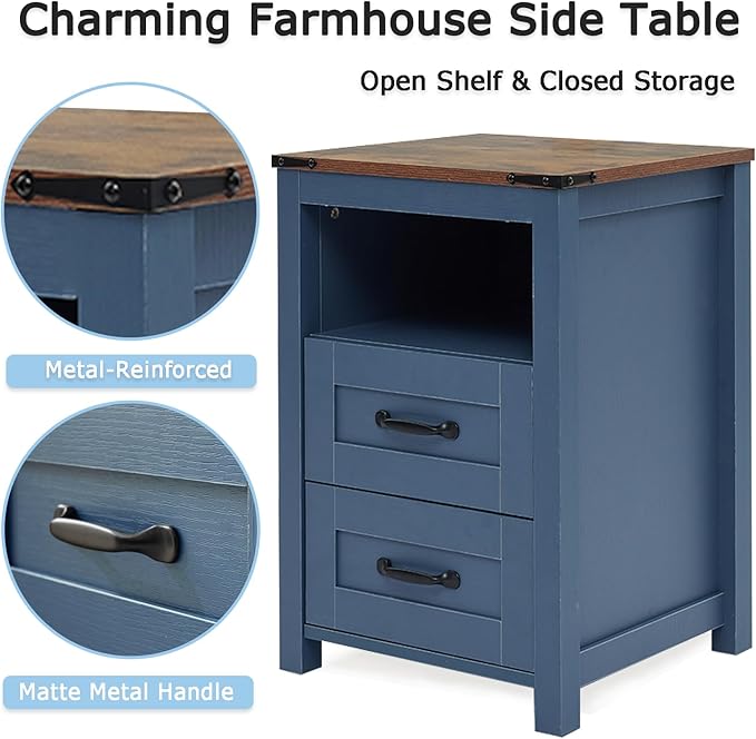 Blue Rustic Night Stand, Farmhouse End Table, Modern Bedside Table with 2 Storage Drawers and Open Shelf, Tall Nightstand for Bedroom