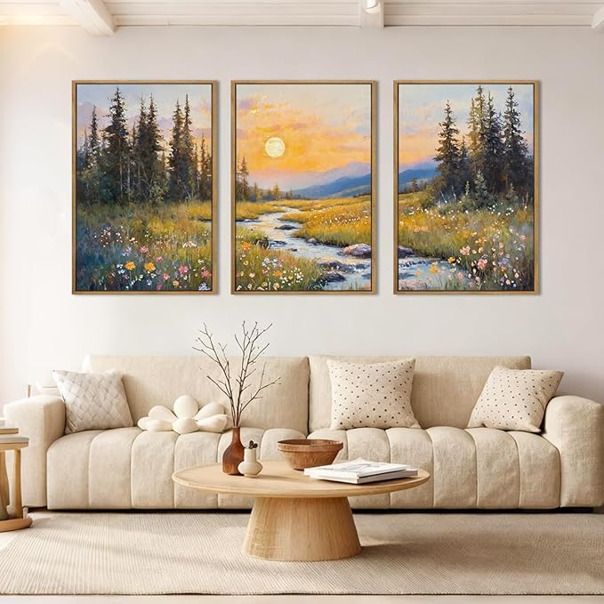 IARTTOP Extra Large Mountain Landscape Wall Art Framed 24x36 Inch Abstract Forest Canvas Wall Decor Sunset Nature Scenery Artwork for Living room Bedroom Set of 3