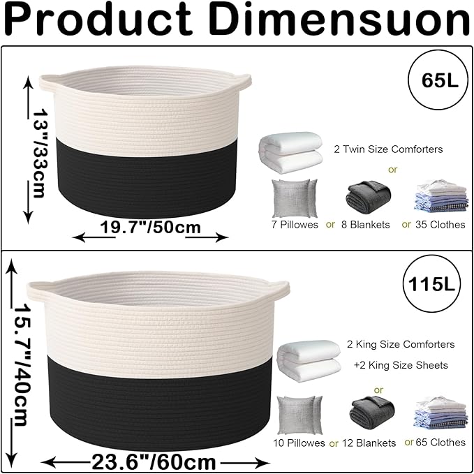 Large Storage Basket with Handle,23.6" x 23.6" x 15.7" Blanket Basket Storage Bins for Organizing,65L Cotton Rope Woven Baskets for Living Room, Nursery,Bedroom,White&Black