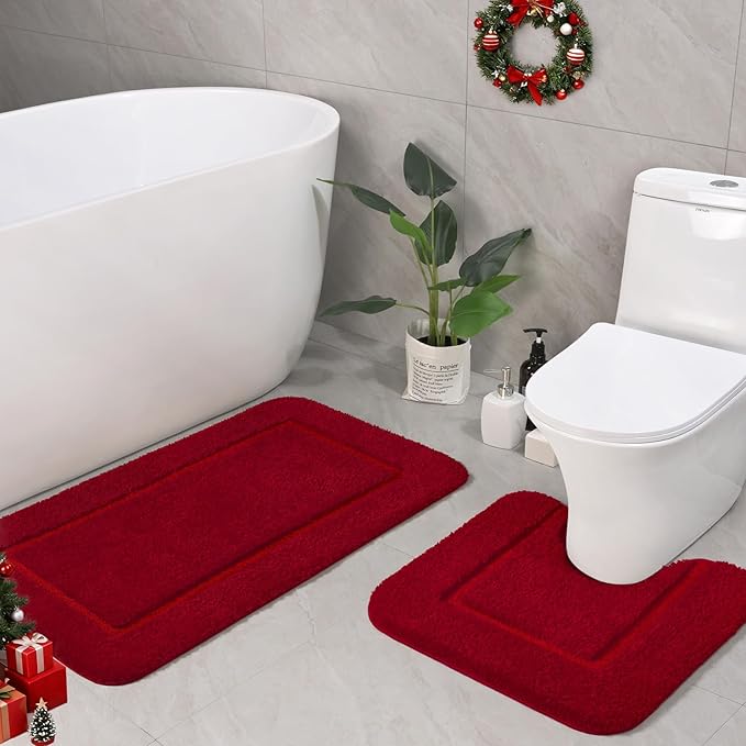LOCHAS Bathroom Rug Set Red, Soft Bath Rug Set 2 Piece Set, Toilet Mat U-Shaped 20x20 and 34x20 Bath Rugs, Quickly Dry Mats for Bathroom, Tub, Washable, Super Absorbent Floor Mat