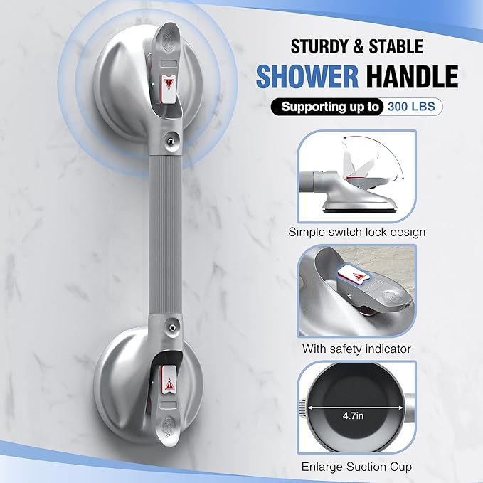 DAILYLIFE Grab Bars for Bathtubs and Showers, 21 inch Shower Handles for Elderly Suction, 300lbs Safety Shower Grab bar for Seniors and Elderly, Silver(2 Pack)