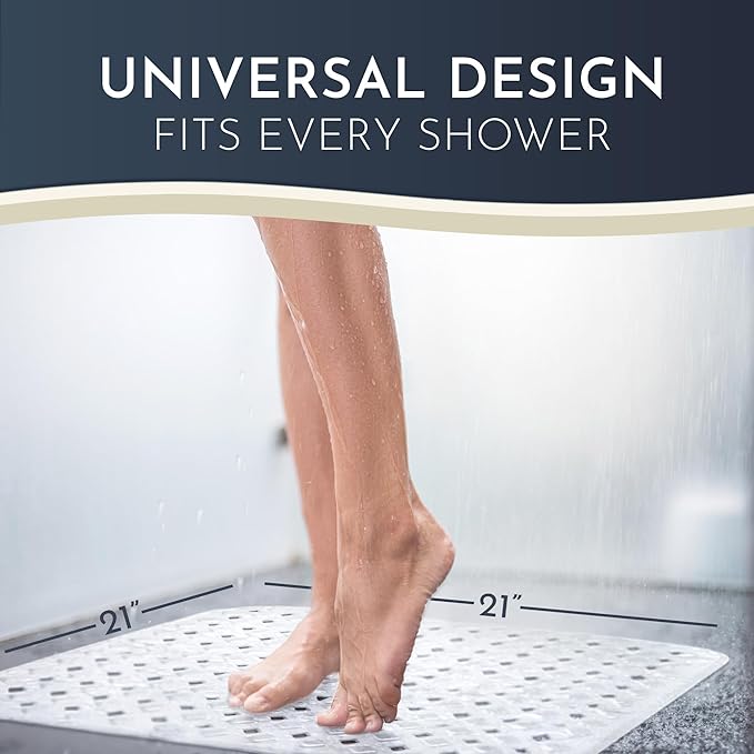 homerella® Shower Mat Non Slip Anti Mold, Non Slip Shower Mats for Inside Shower Stall Anti Slip Mat, Square Shower Floor Mat 21 x 21 in with Suction Cups & Hooks for Quick Drying, Machine Washable